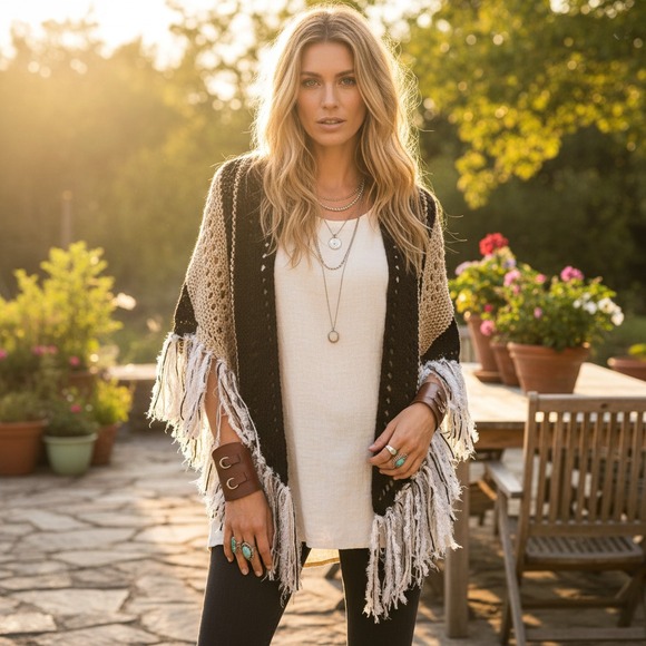Graceful Garnet Accessories - NEW Black Beige Knit Shawl‎ Wrap Boho Indie Artsy Festival Cottage Hippie Chic